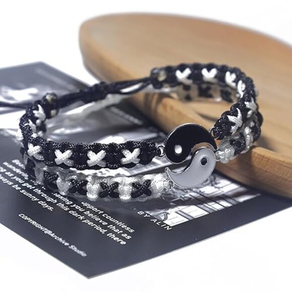 Matching Yin Yang Friendship Bracelets for 2 – Adjustable Cord BFF Bracelets - Picture 2 of 4